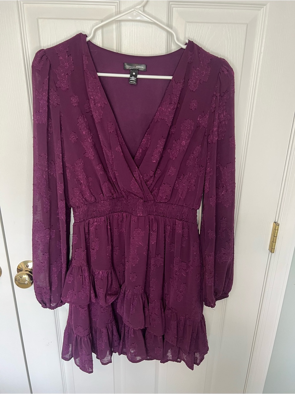 Aqua Brand Purple Long-Sleeve V-Neck Tiered Dress